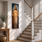 A tall vertical painting depicts Jesus Christ with a serene expression, long flowing hair, and a radiant halo, holding a glowing sacred heart at his chest that emits beams of golden light, rendered in warm tones with soft brushwork and luminous effects that create a spiritual and symbolic religious composition.