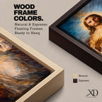 A tall vertical painting depicts Jesus Christ with a serene expression, long flowing hair, and a radiant halo, holding a glowing sacred heart at his chest that emits beams of golden light, rendered in warm tones with soft brushwork and luminous effects that create a spiritual and symbolic religious composition.