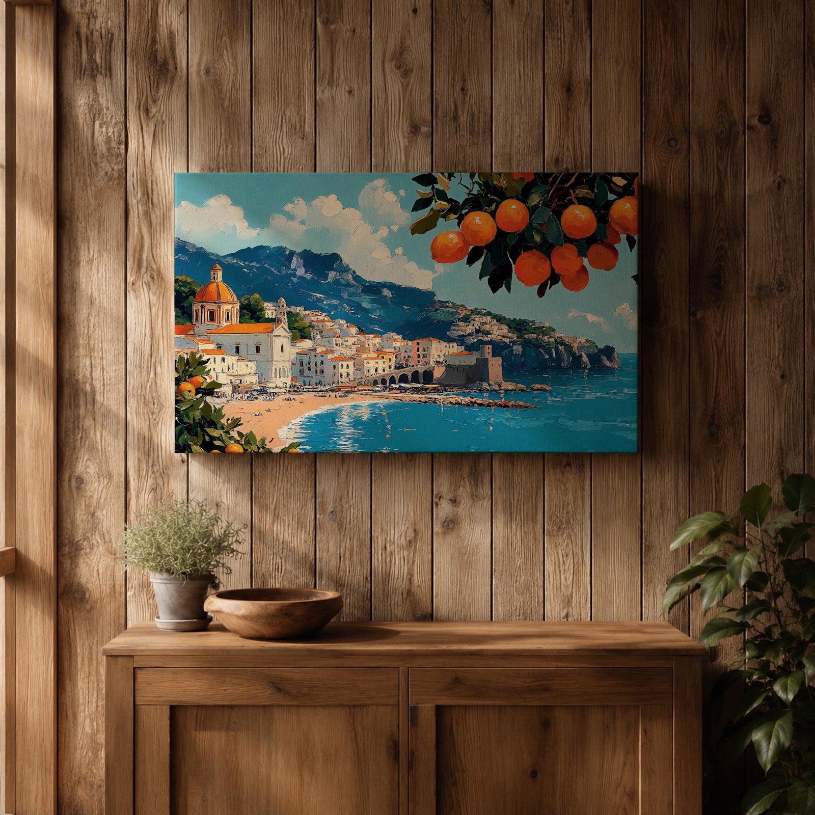 Amalfi Coast Wall Art Positano Italy Framed Canvas Mediterranean Seascape Living Room Decor