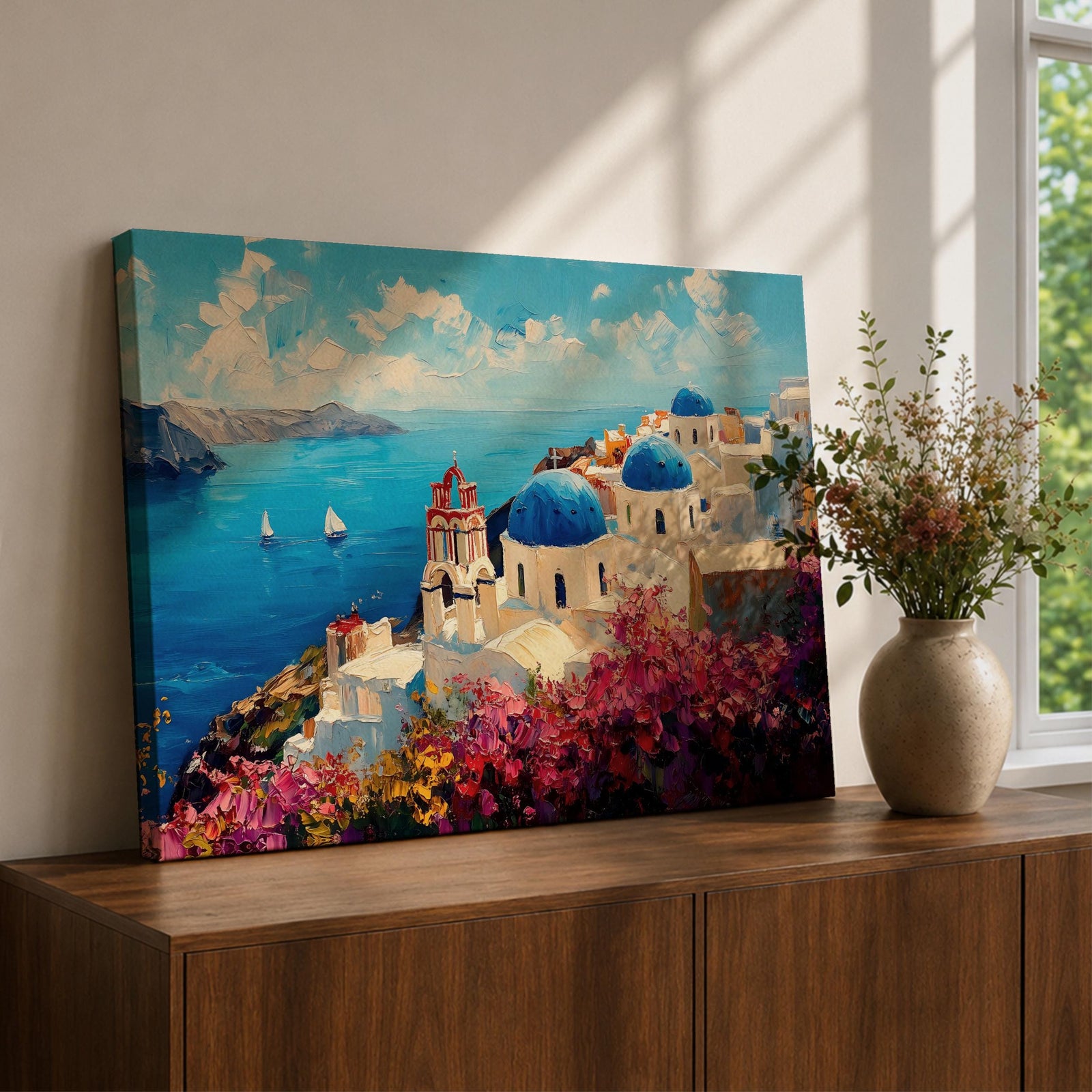 Santorini Wall Art Oia Greece Framed Canvas Greek Island Coastal Impasto Living Room Decor