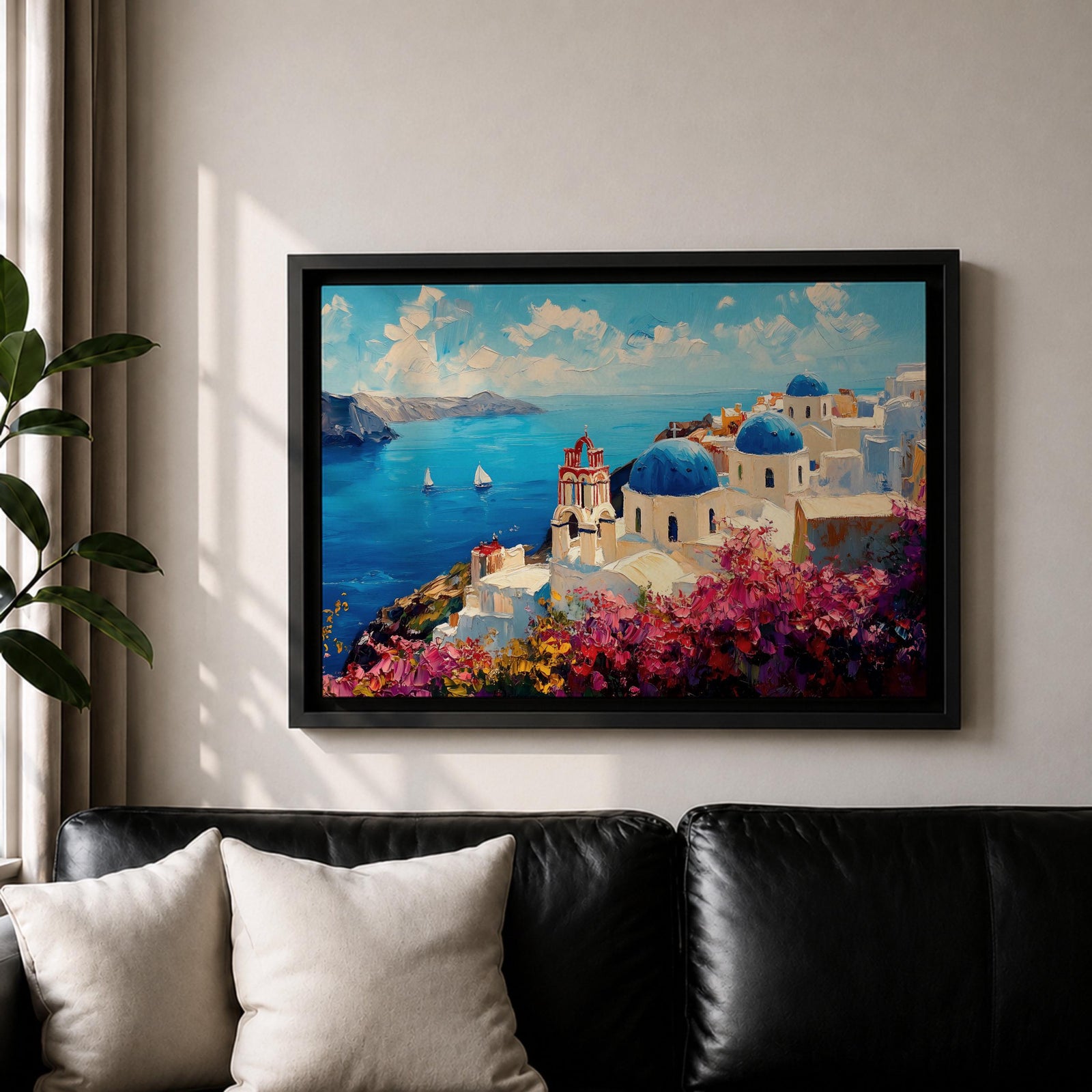 Santorini Wall Art Oia Greece Framed Canvas Greek Island Coastal Impasto Living Room Decor