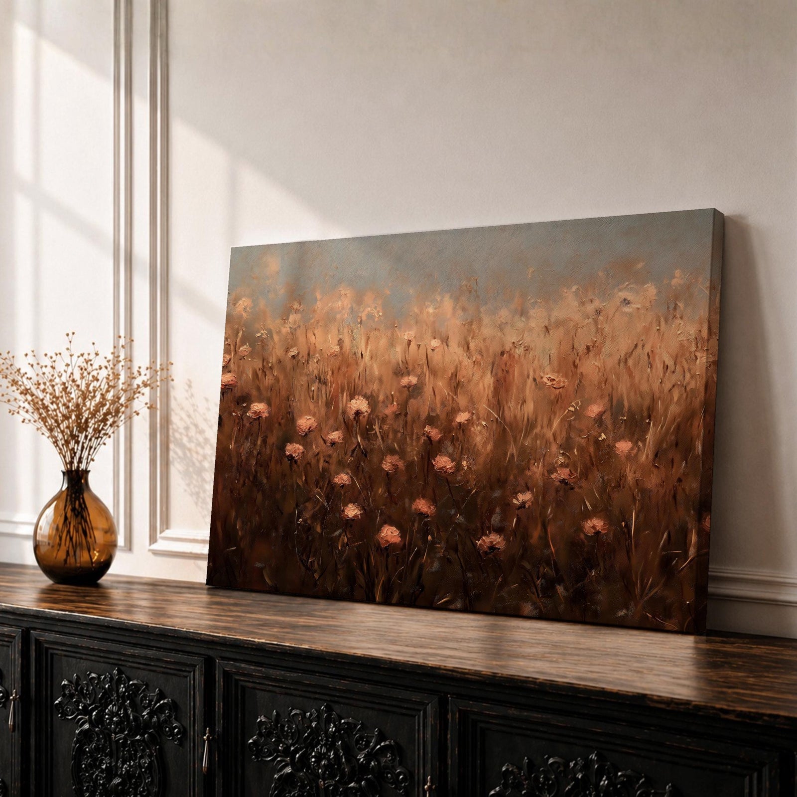 Meadow Flower Wall Art Prairie Bloom Framed Canvas Wildflower Impasto Rustic Home Decor