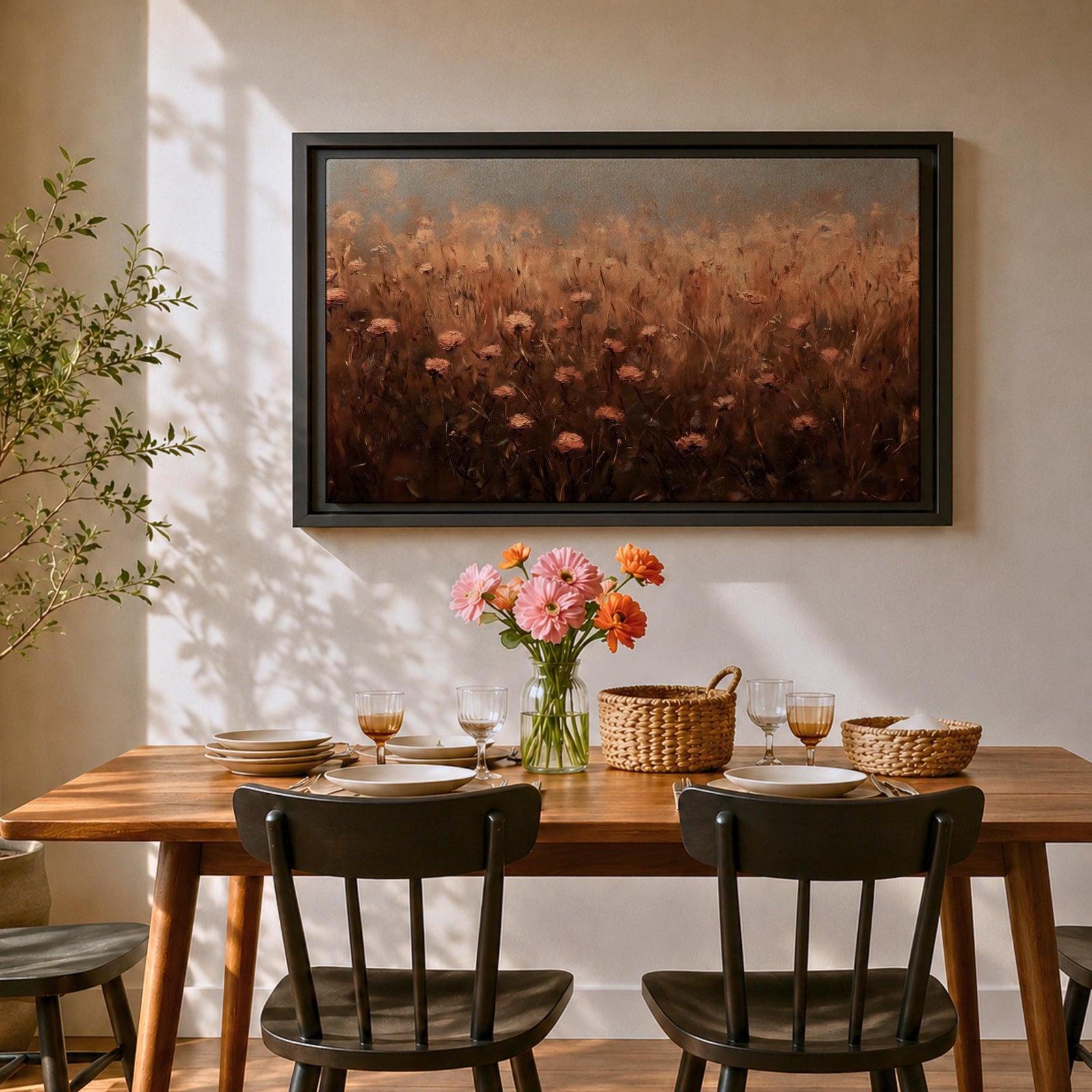 Meadow Flower Wall Art Prairie Bloom Framed Canvas Wildflower Impasto Rustic Home Decor
