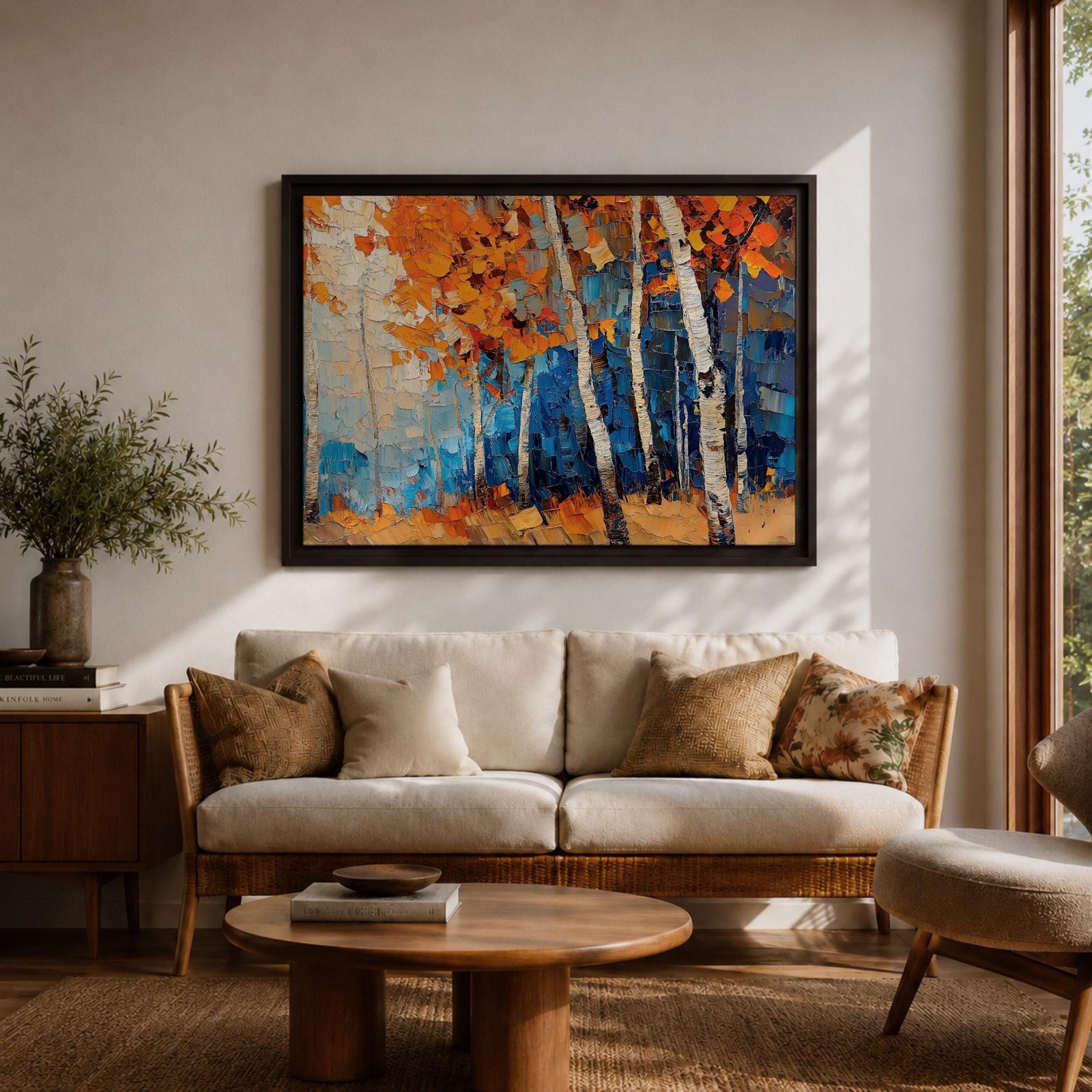 Birch Forest Wall Art Aspen Grove Framed Canvas Autumn Impasto Landscape Rustic Home Decor