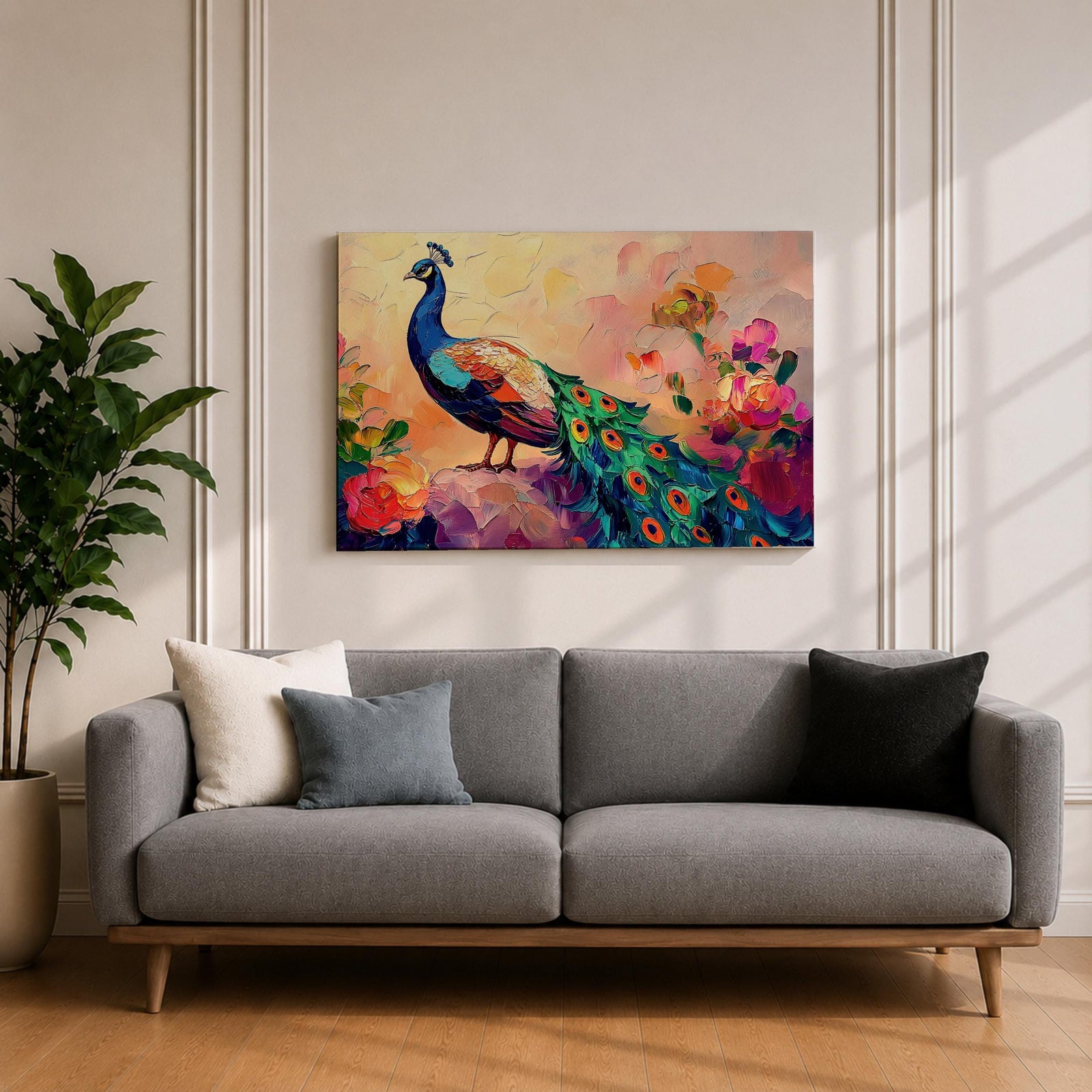 Peacock Wall Art Tropical Bird Framed Canvas Botanical Impasto Exotic Colorful Wildlife Bedroom Decor