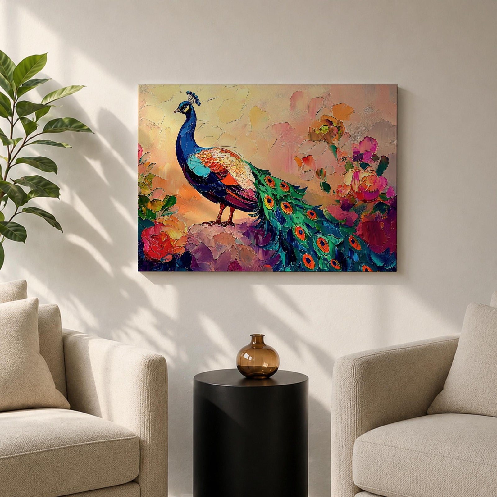 Peacock Wall Art Tropical Bird Framed Canvas Botanical Impasto Exotic Colorful Wildlife Bedroom Decor