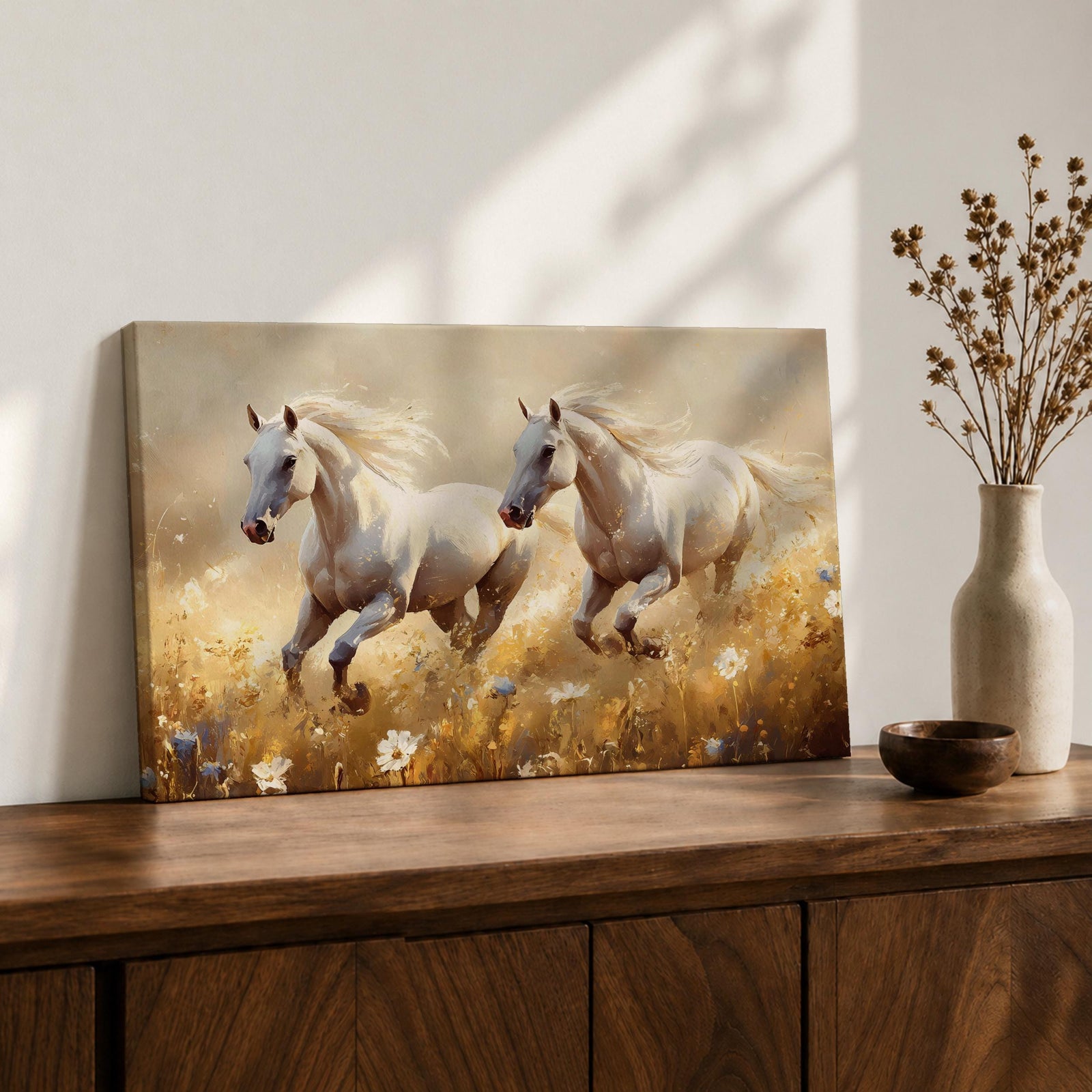 White Horses Wall Art Stallions Framed Canvas Running Meadow Vintage Farmhouse Home Decor