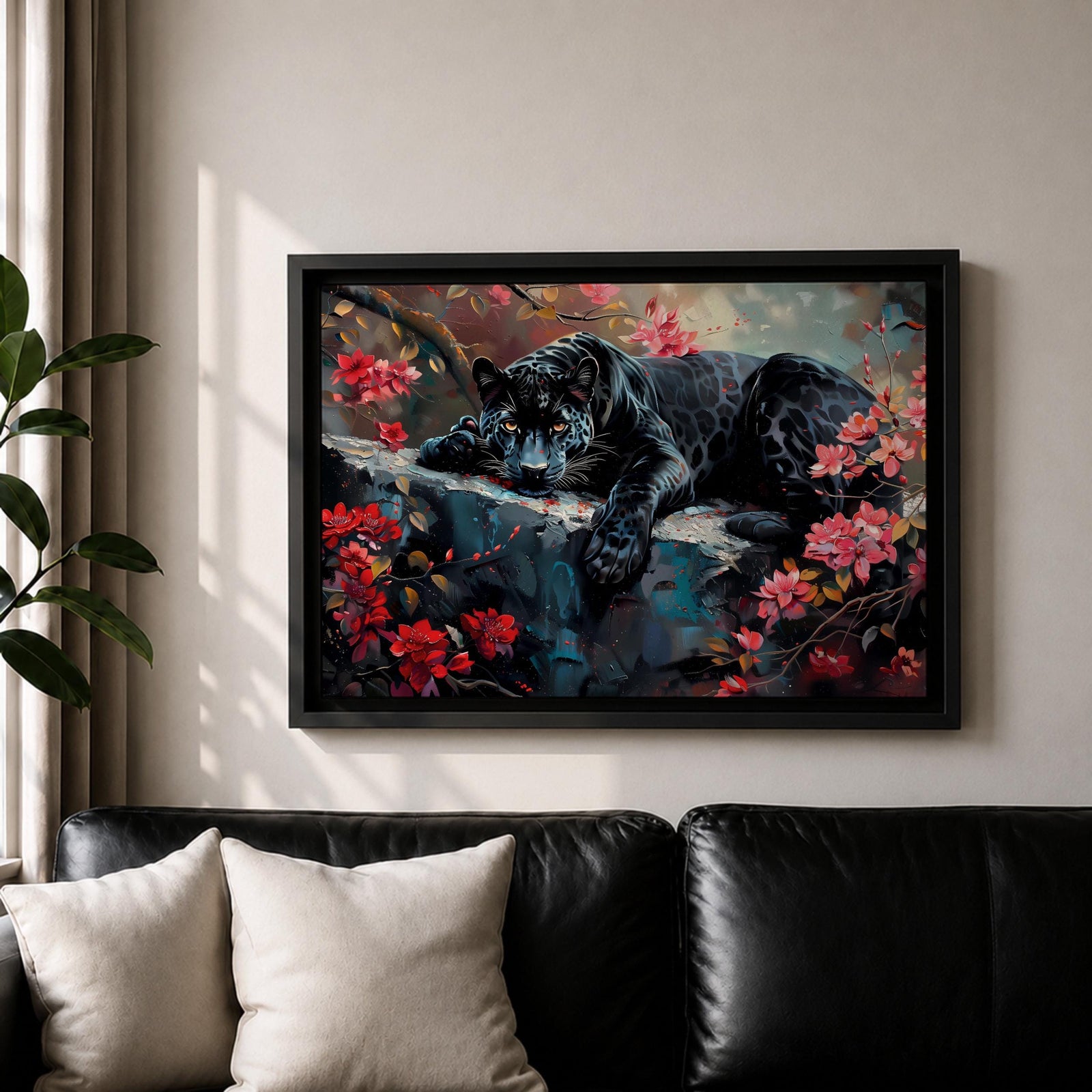 Black Panther Wall Art Melanistic Leopard Framed Canvas Jungle Wildlife Exotic Tropical Home Decor