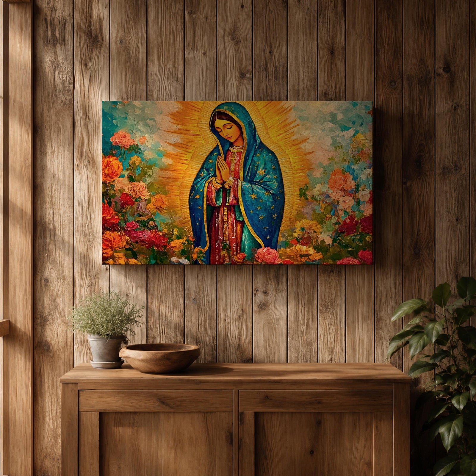 Our Lady of Guadalupe Wall Art Virgencita Framed Canvas Mexican Catholic Prayer Home Decor