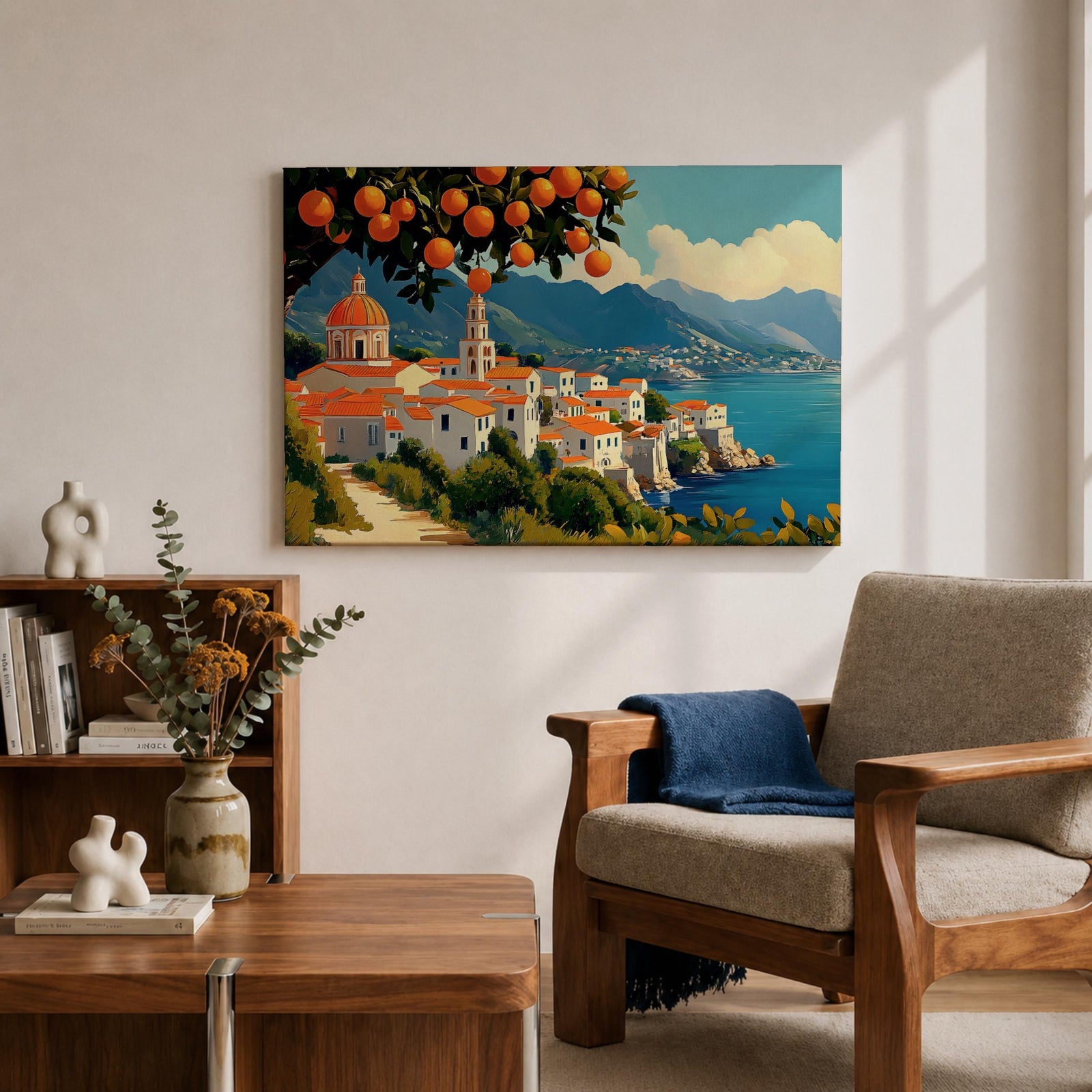 Amalfi Coast Wall Art Positano Italy Framed Canvas Mediterranean Impasto Living Room Decor