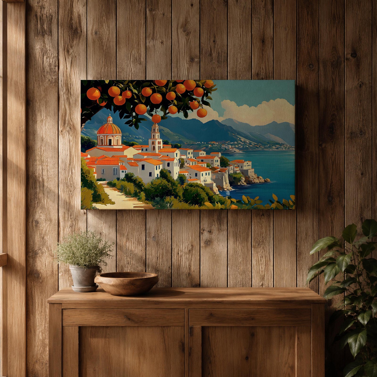 Amalfi Coast Wall Art Positano Italy Framed Canvas Mediterranean Impasto Living Room Decor