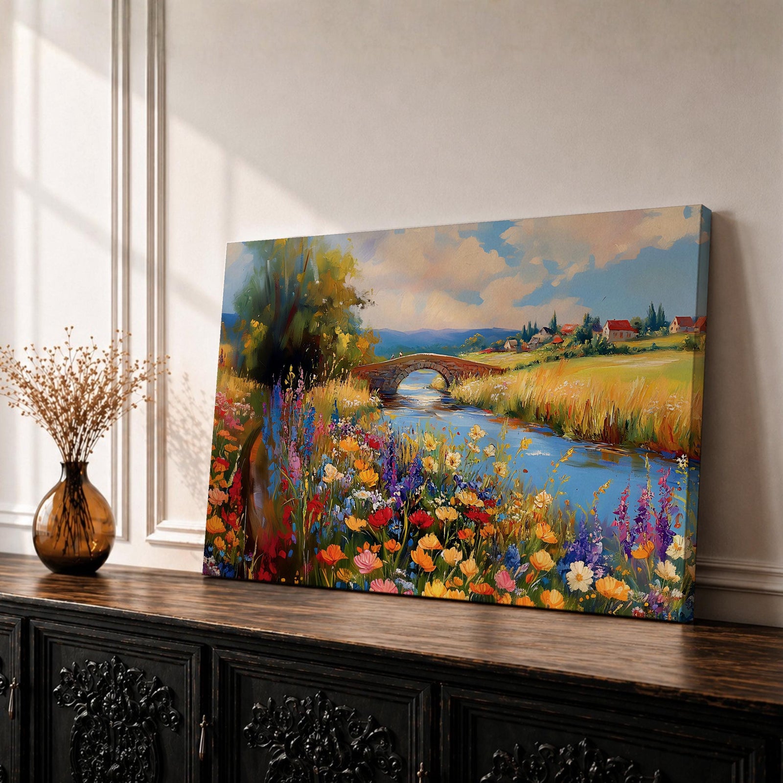 Countryside Landscape Wall Art Wildflower Meadow Framed Canvas Rustic Farmhouse Decor