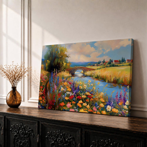 Countryside Landscape Wall Art Wildflower Meadow Framed Canvas Rustic Farmhouse Decor