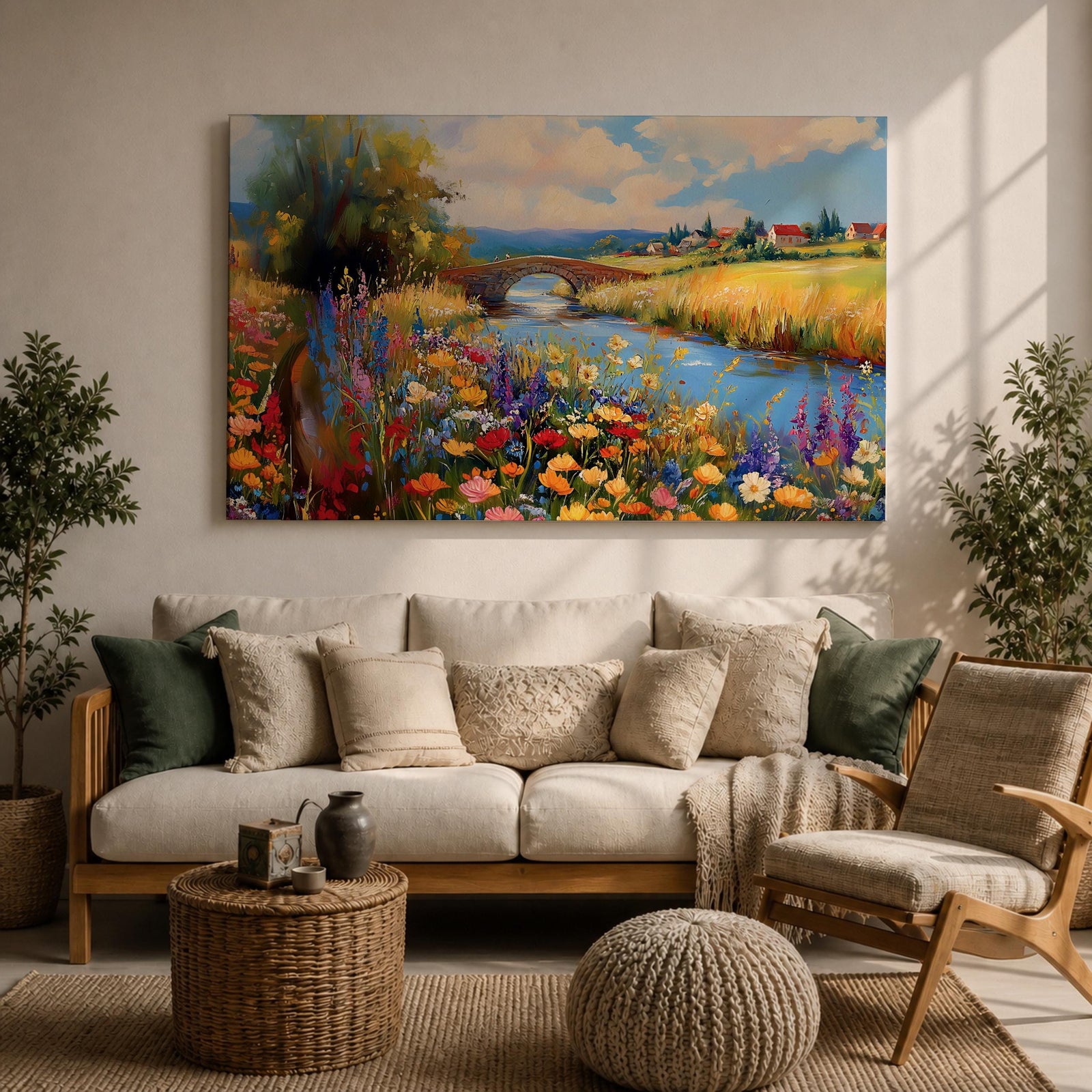 Countryside Landscape Wall Art Wildflower Meadow Framed Canvas Rustic Farmhouse Decor