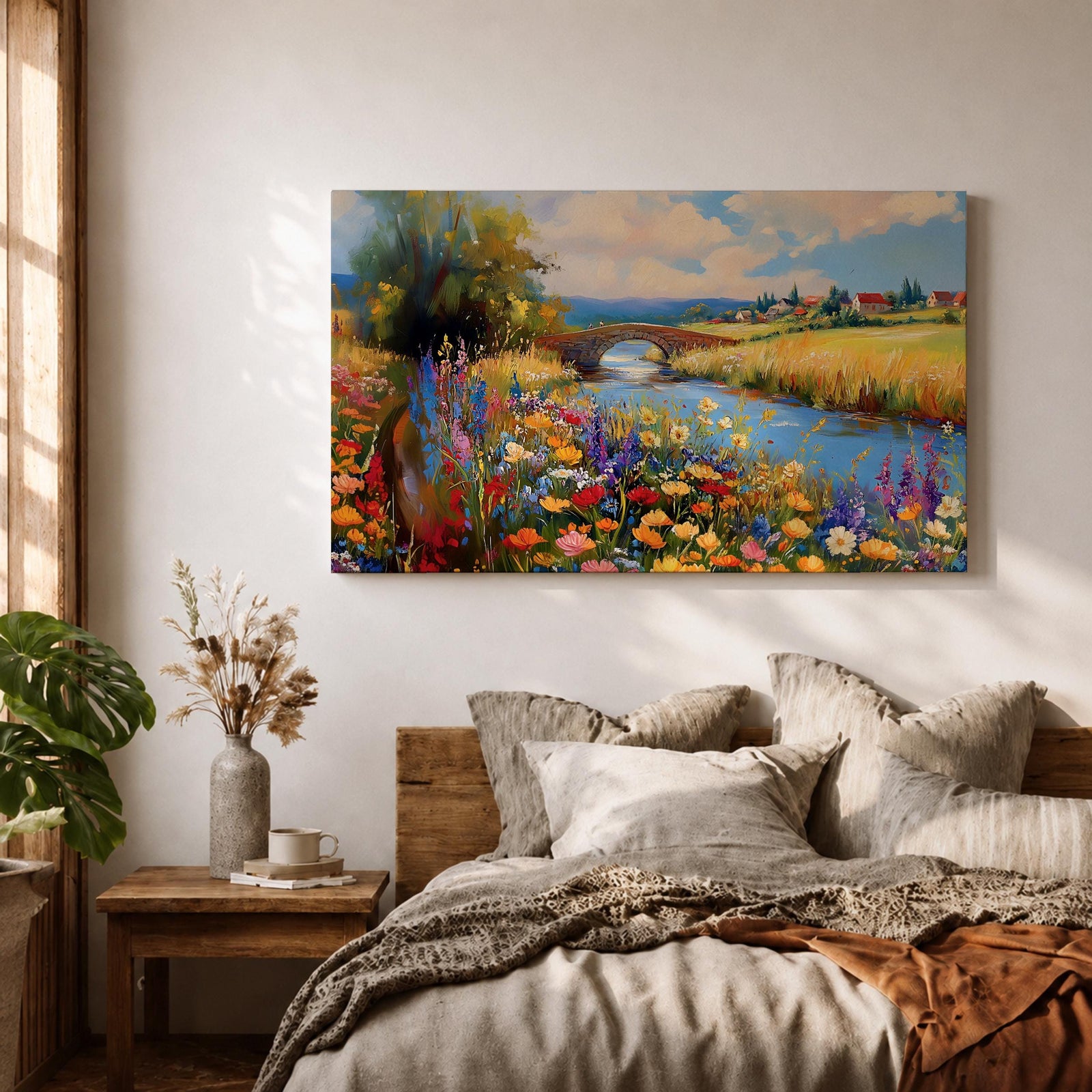 Countryside Landscape Wall Art Wildflower Meadow Framed Canvas Rustic Farmhouse Decor