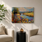 Countryside Landscape Wall Art Wildflower Meadow Framed Canvas Rustic Farmhouse Decor