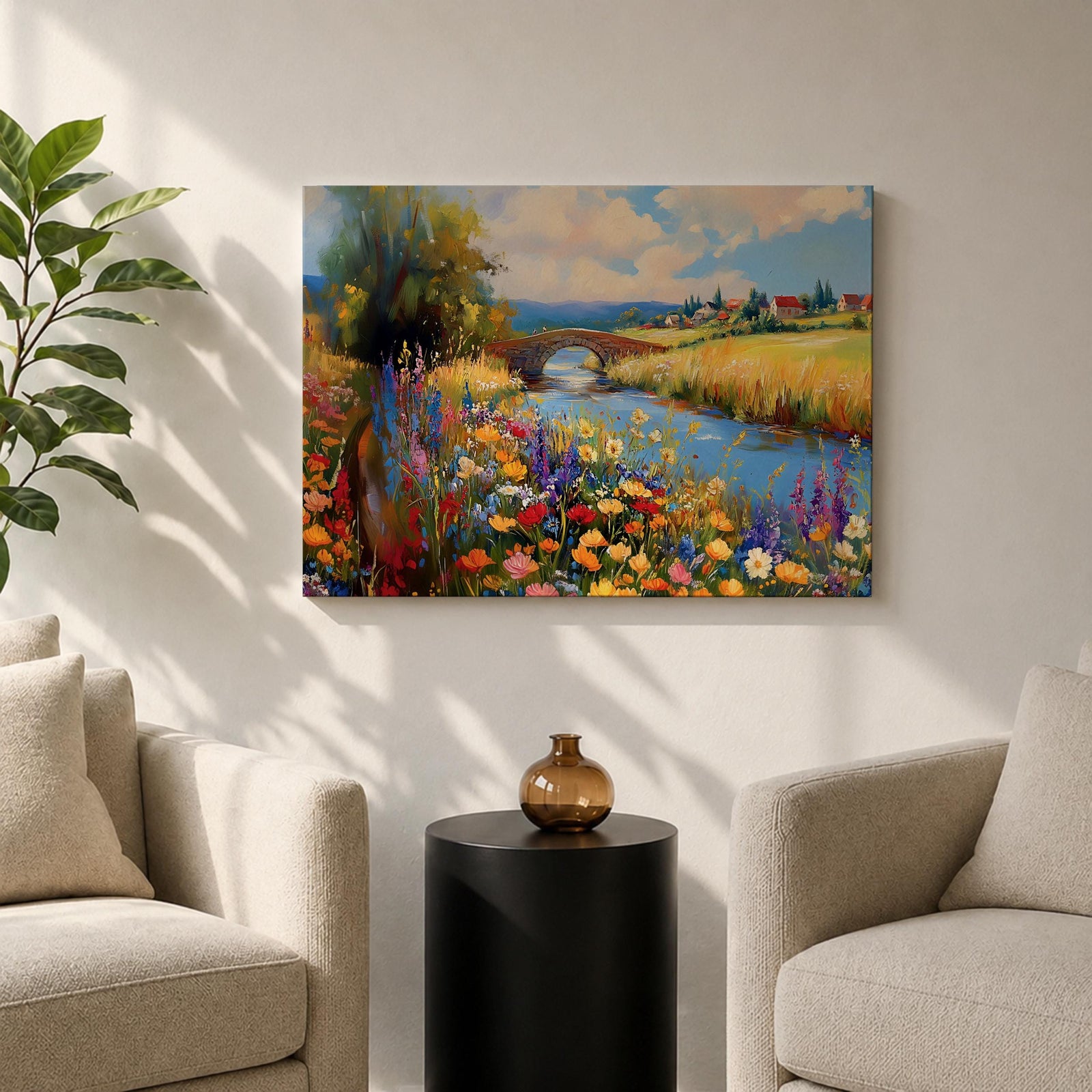 Countryside Landscape Wall Art Wildflower Meadow Framed Canvas Rustic Farmhouse Decor