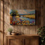 Countryside Landscape Wall Art Wildflower Meadow Framed Canvas Rustic Farmhouse Decor