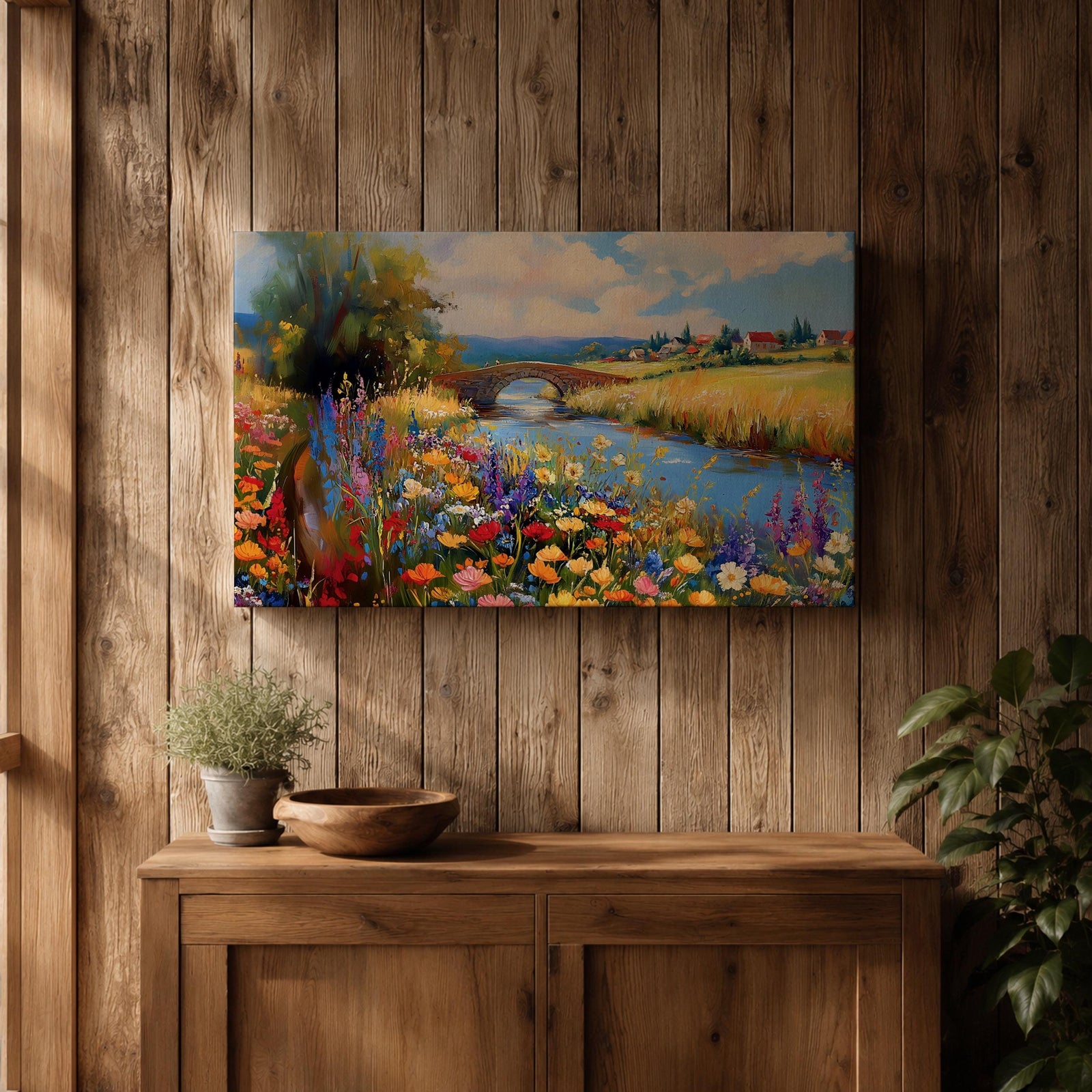 Countryside Landscape Wall Art Wildflower Meadow Framed Canvas Rustic Farmhouse Decor