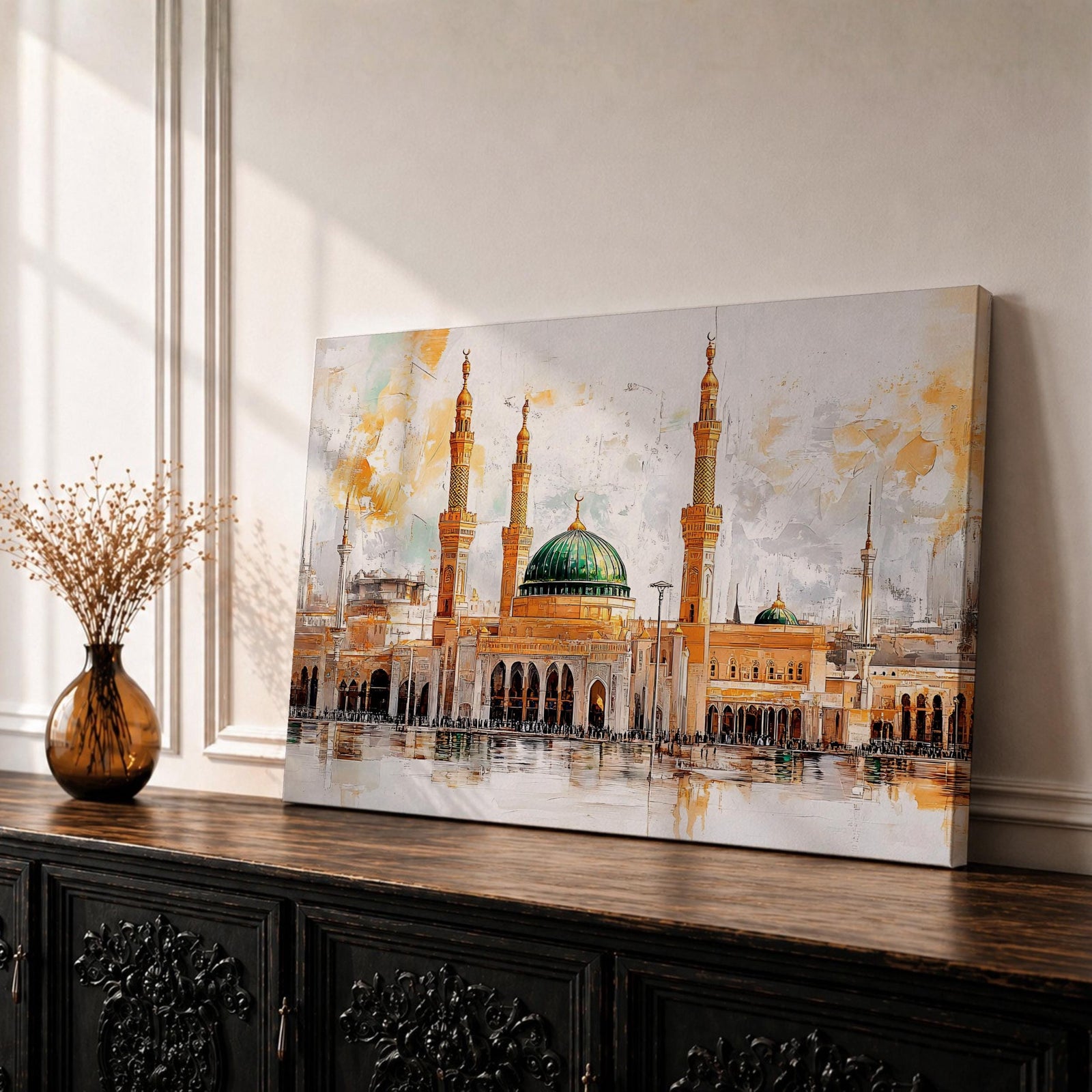 Masjid Al Nabawi Wall Art Green Dome Framed Canvas Prophets Mosque Vintage Islamic Decor