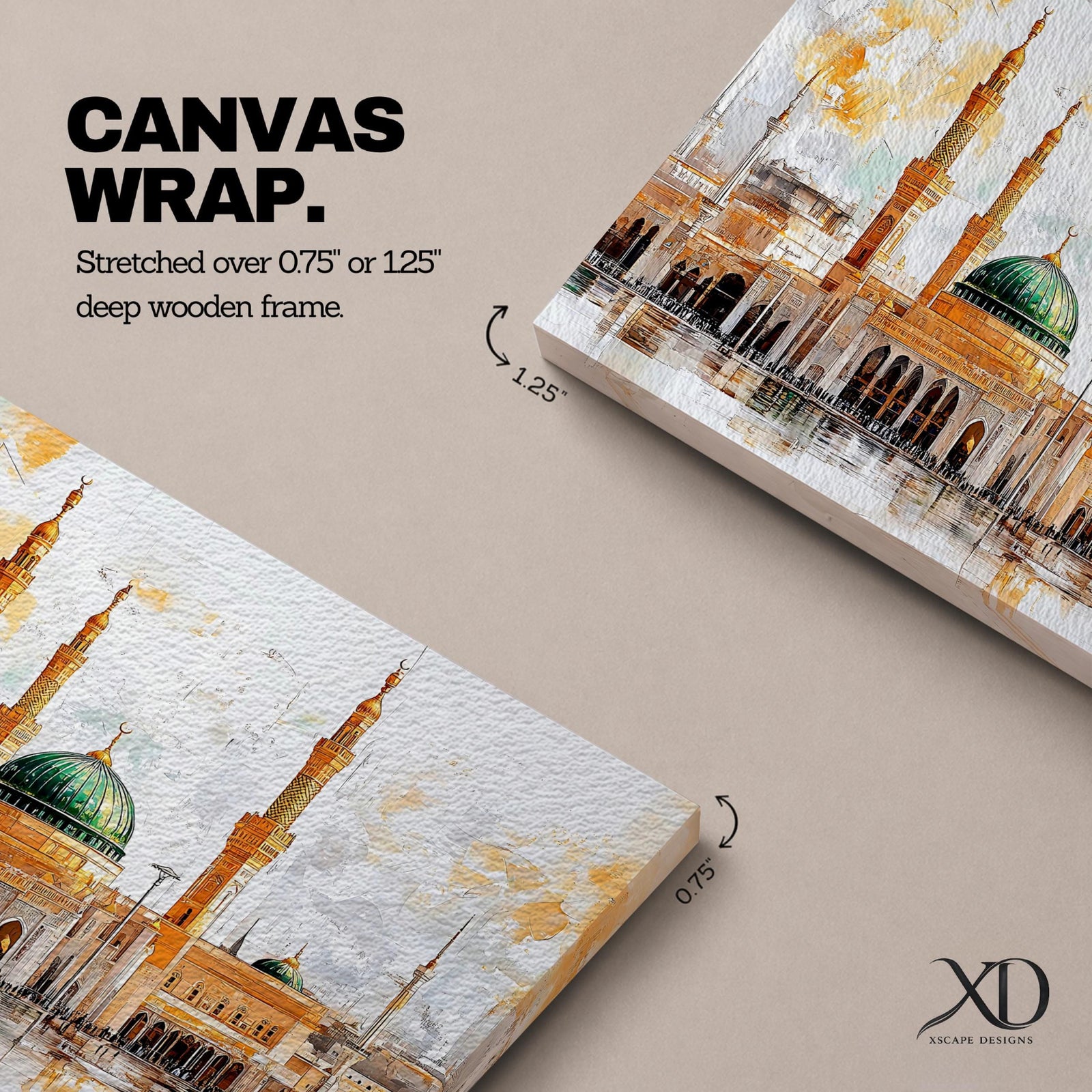 Masjid Al Nabawi Wall Art Green Dome Framed Canvas Prophets Mosque Vintage Islamic Decor