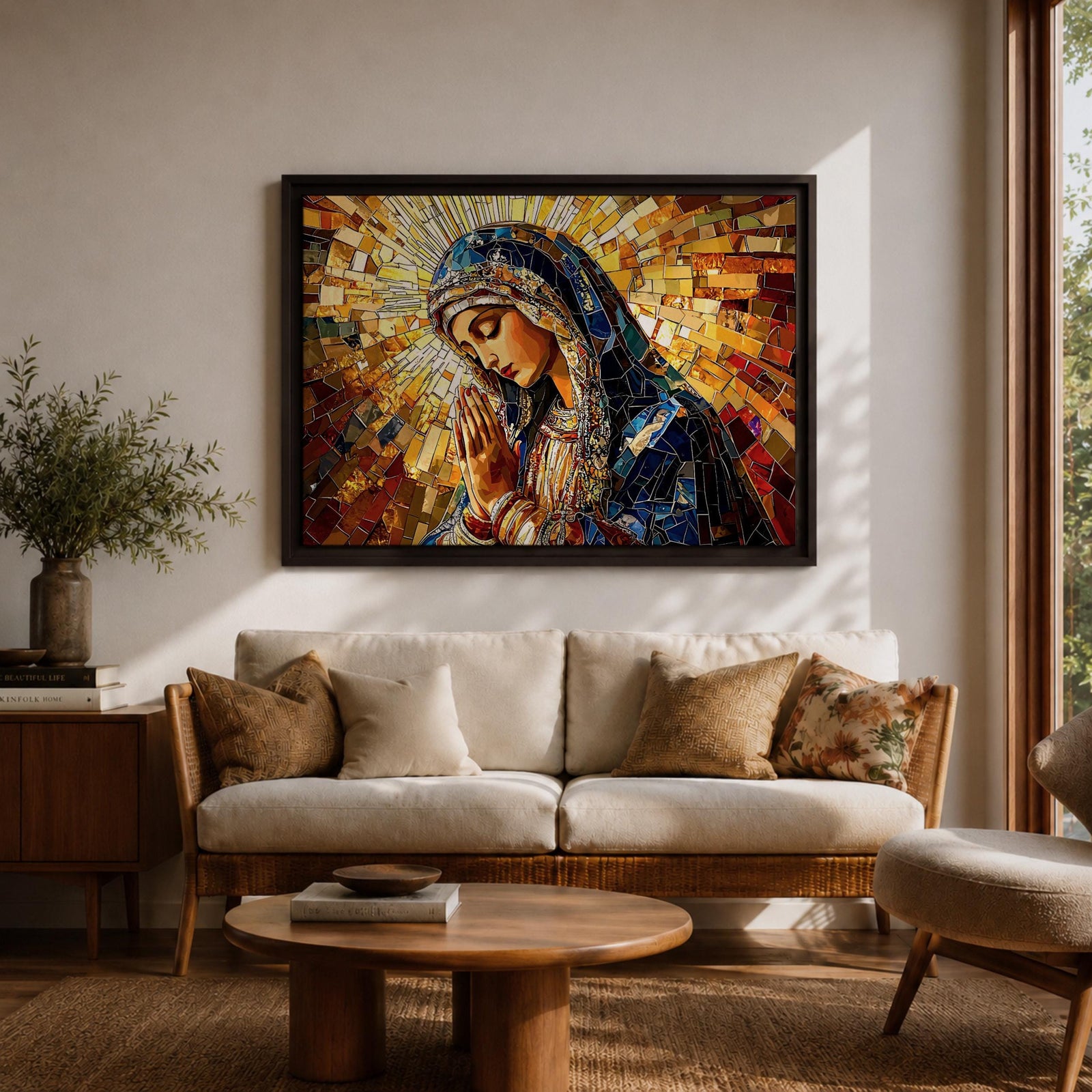 Virgin Mary Wall Art Blessed Mother Framed Canvas Stained Glass Mosaic Catholic Home Decor