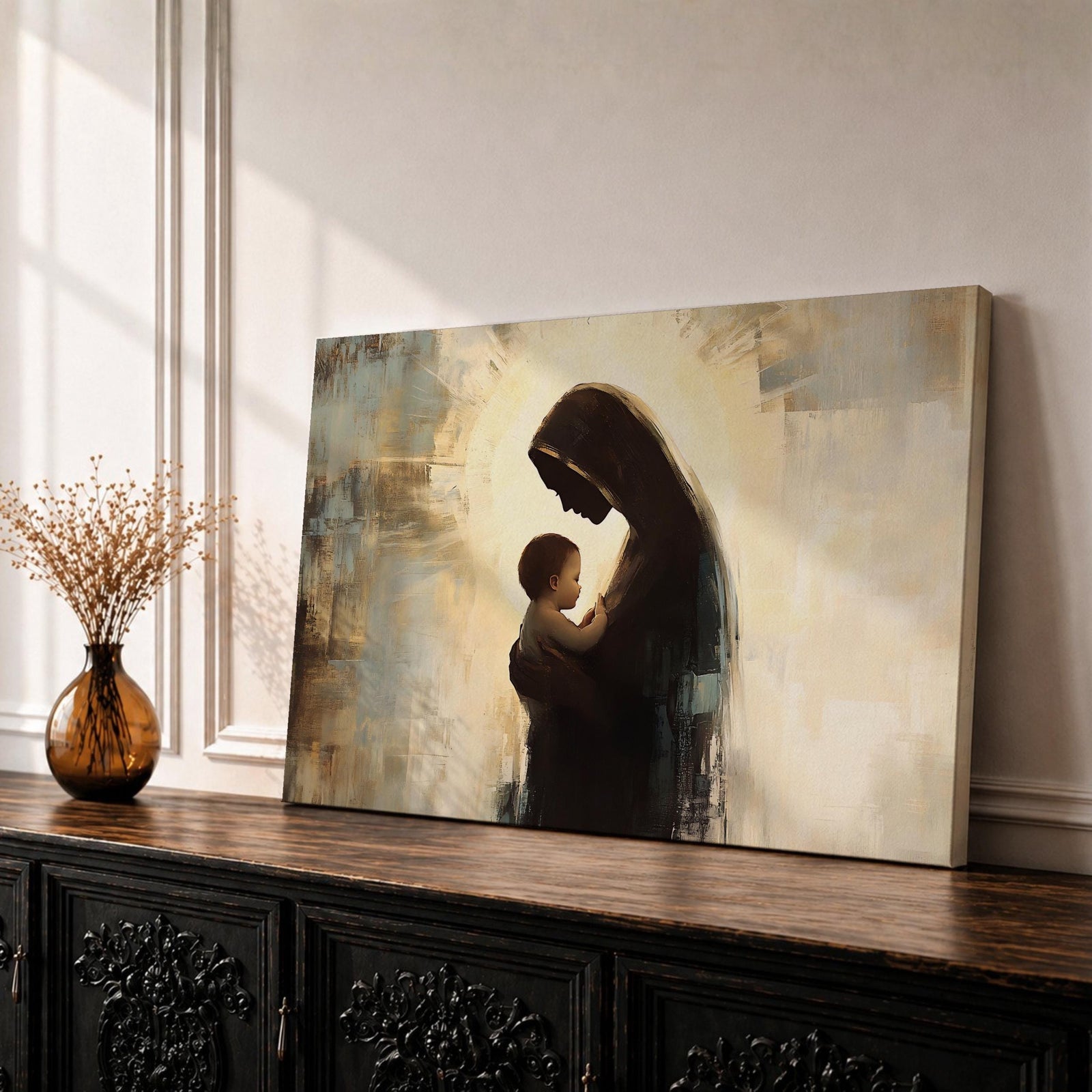 Mary and Jesus Wall Art Madonna and Child Framed Canvas Christian Vintage Home Decor
