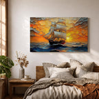 Sailing Ship Wall Art Sailboat Framed Canvas Ocean Sunset Impasto Nautical Home Decor