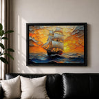 Sailing Ship Wall Art Sailboat Framed Canvas Ocean Sunset Impasto Nautical Home Decor
