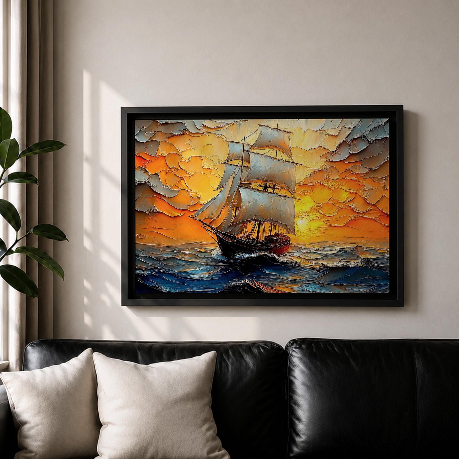 Sailing Ship Wall Art Sailboat Framed Canvas Ocean Sunset Impasto Nautical Home Decor