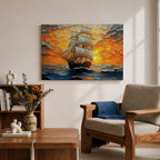 Sailing Ship Wall Art Sailboat Framed Canvas Ocean Sunset Impasto Nautical Home Decor