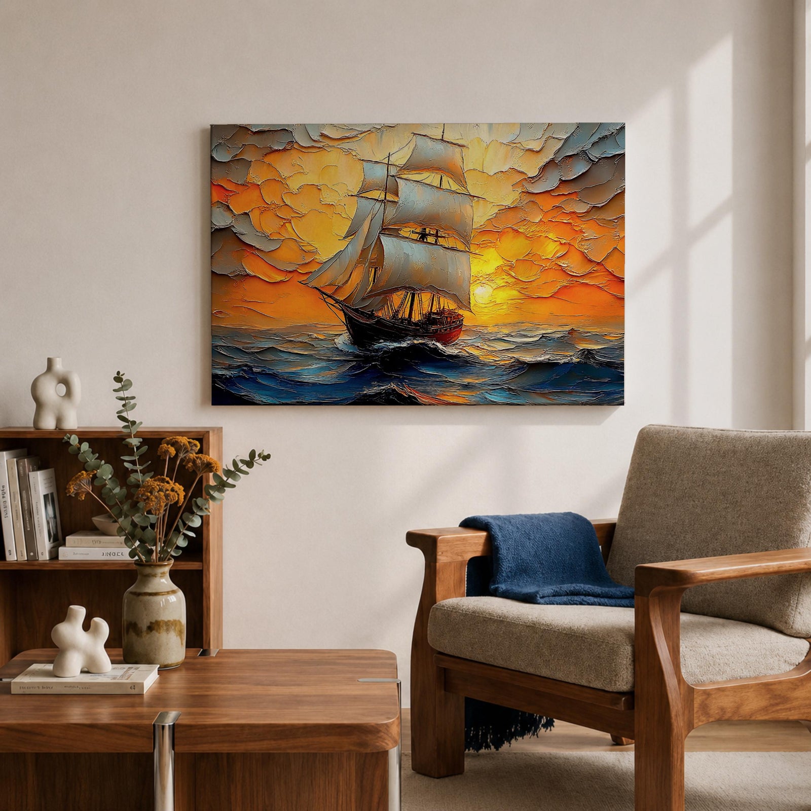Sailing Ship Wall Art Sailboat Framed Canvas Ocean Sunset Impasto Nautical Home Decor