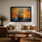 Sailing Ship Wall Art Sailboat Framed Canvas Ocean Sunset Impasto Nautical Home Decor