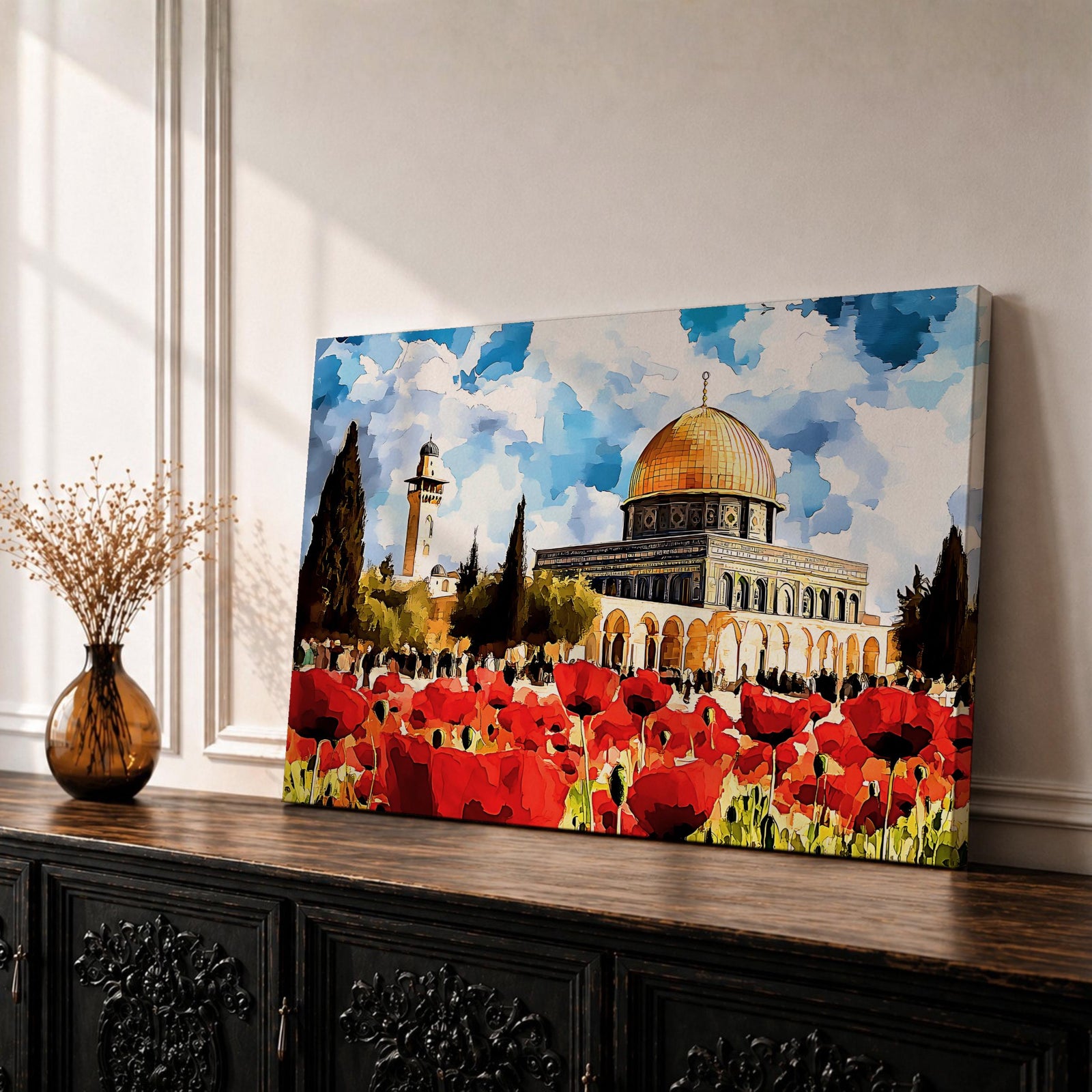 Masjid Aqsa Wall Art Jerusalem Poppy Field Framed Canvas Qubbat Al Sakhrah Islamic Decor