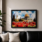 Masjid Aqsa Wall Art Jerusalem Poppy Field Framed Canvas Qubbat Al Sakhrah Islamic Decor