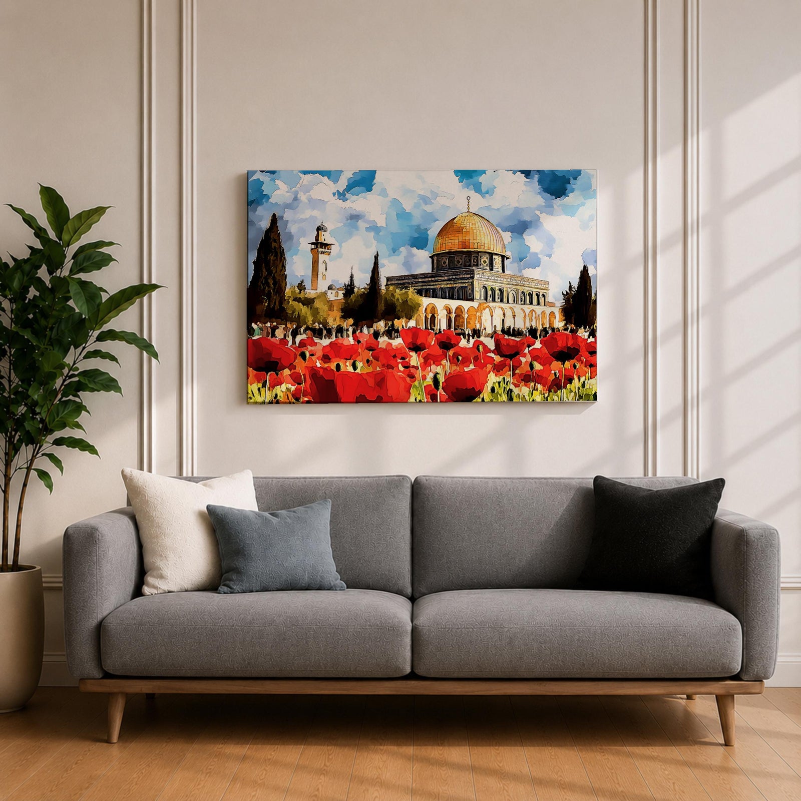 Masjid Aqsa Wall Art Jerusalem Poppy Field Framed Canvas Qubbat Al Sakhrah Islamic Decor