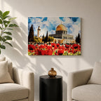 Masjid Aqsa Wall Art Jerusalem Poppy Field Framed Canvas Qubbat Al Sakhrah Islamic Decor