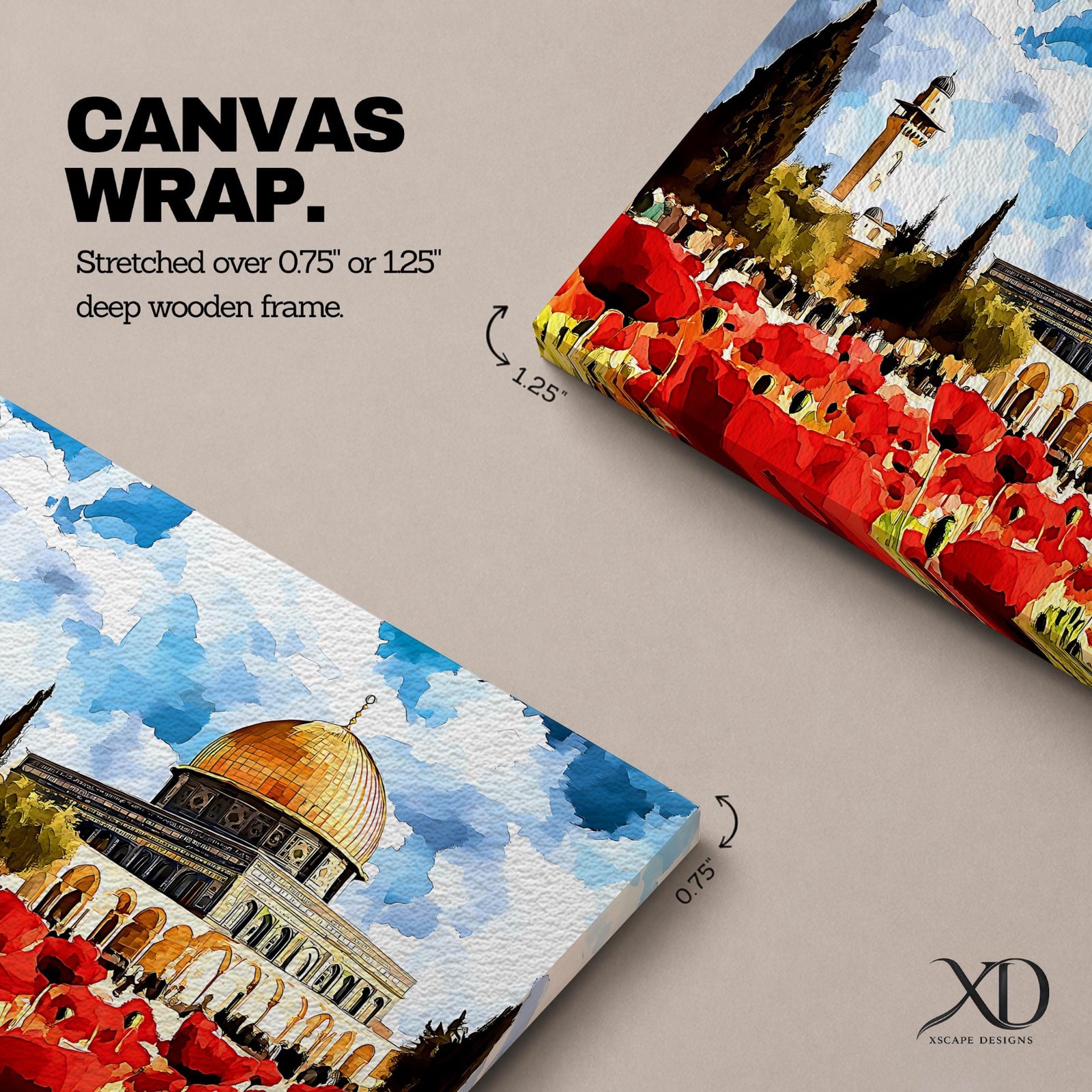 Masjid Aqsa Wall Art Jerusalem Poppy Field Framed Canvas Qubbat Al Sakhrah Islamic Decor