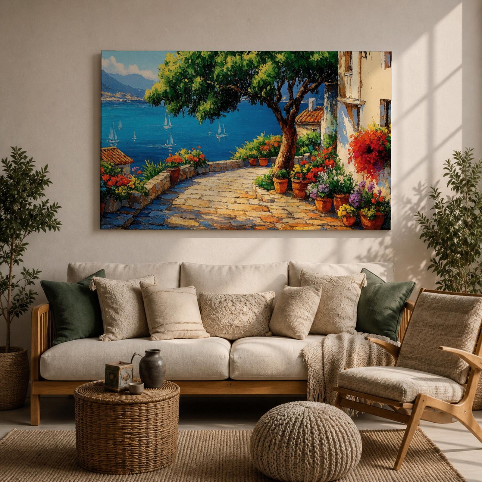 Mediterranean Villa Wall Art Italian Riviera Terrace Framed Canvas Coastal Living Room Decor
