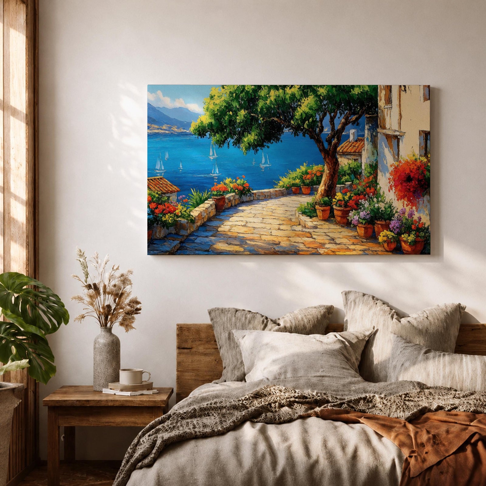 Mediterranean Villa Wall Art Italian Riviera Terrace Framed Canvas Coastal Living Room Decor