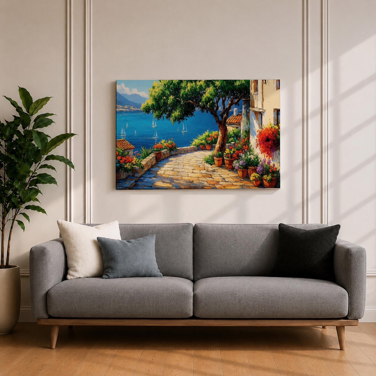 Mediterranean Villa Wall Art Italian Riviera Terrace Framed Canvas Coastal Living Room Decor