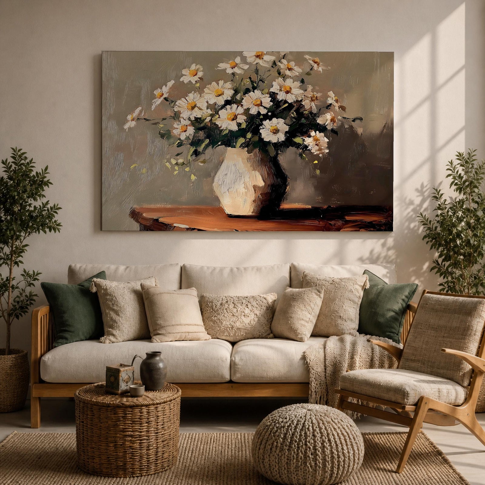 Oxeye Daisy Wall Art Floral Vase Framed Canvas Farmhouse Impasto Botanical Bedroom Home Decor