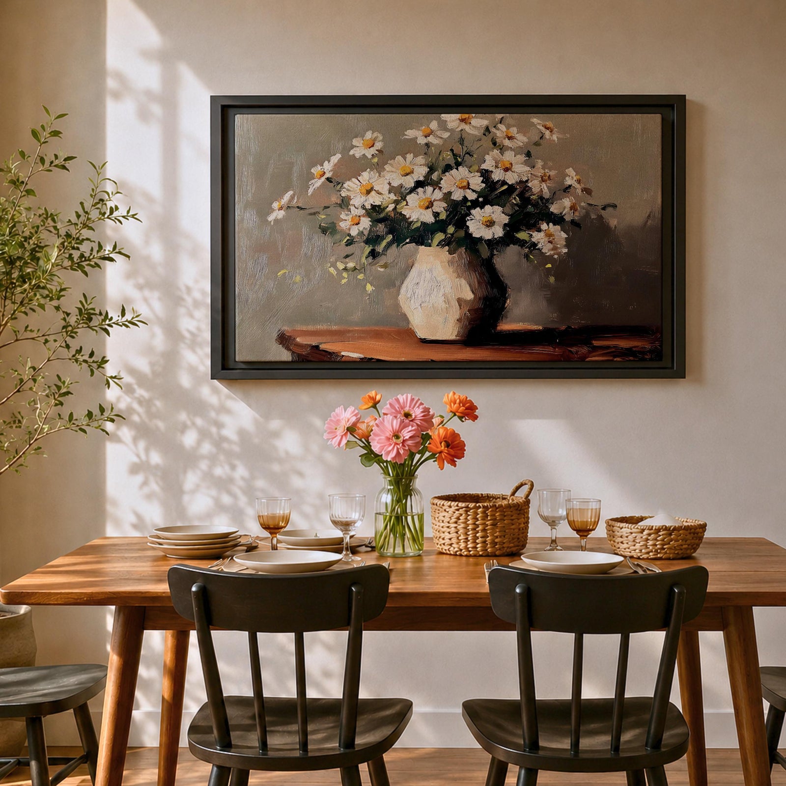 Oxeye Daisy Wall Art Floral Vase Framed Canvas Farmhouse Impasto Botanical Bedroom Home Decor