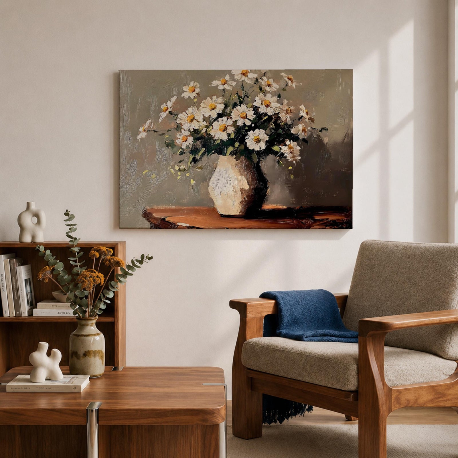 Oxeye Daisy Wall Art Floral Vase Framed Canvas Farmhouse Impasto Botanical Bedroom Home Decor