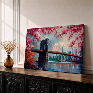Brooklyn Bridge Wall Art New York Skyline Framed Canvas Impasto Cityscape Home Decor
