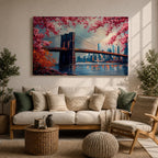 Brooklyn Bridge Wall Art New York Skyline Framed Canvas Impasto Cityscape Home Decor