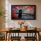 Brooklyn Bridge Wall Art New York Skyline Framed Canvas Impasto Cityscape Home Decor