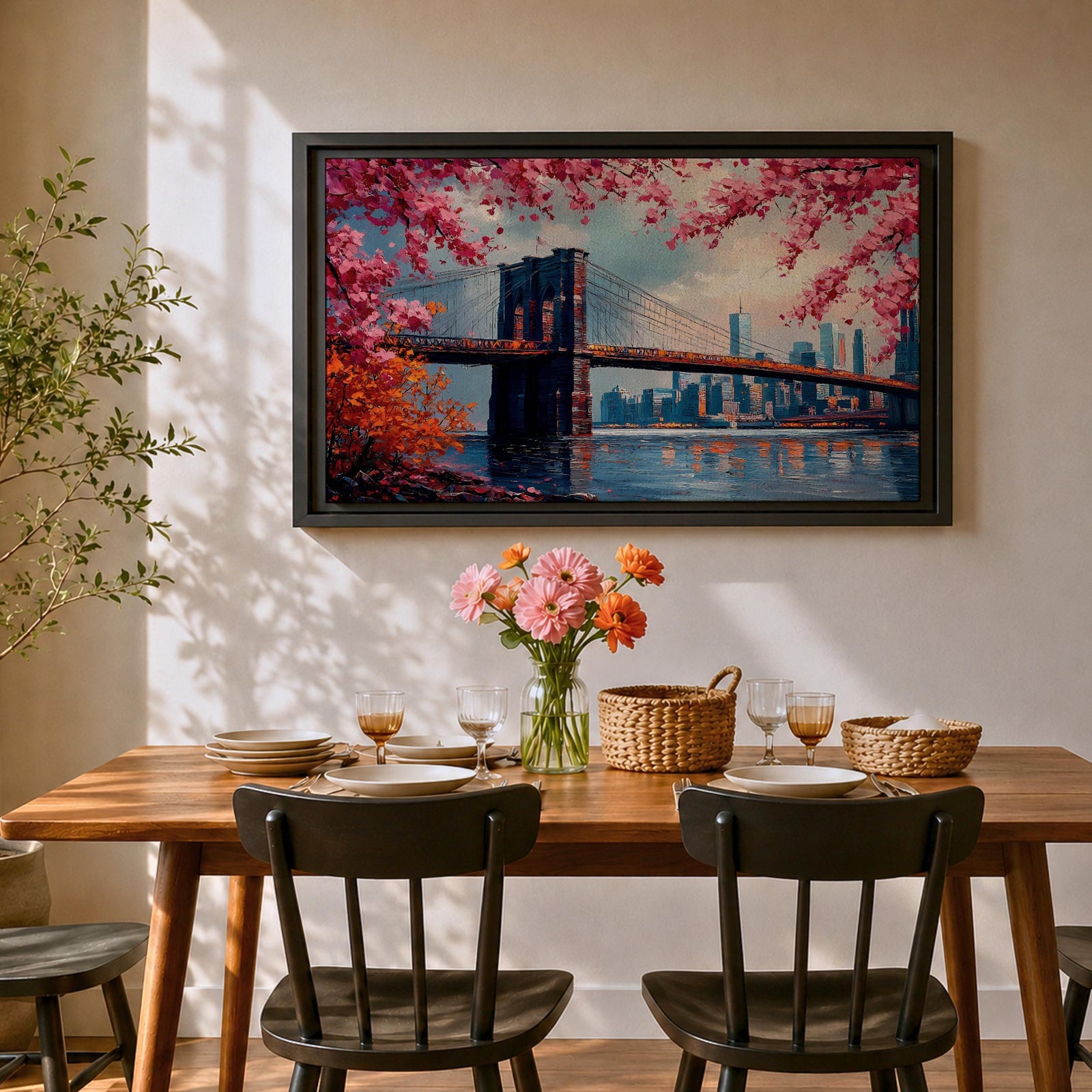 Brooklyn Bridge Wall Art New York Skyline Framed Canvas Impasto Cityscape Home Decor