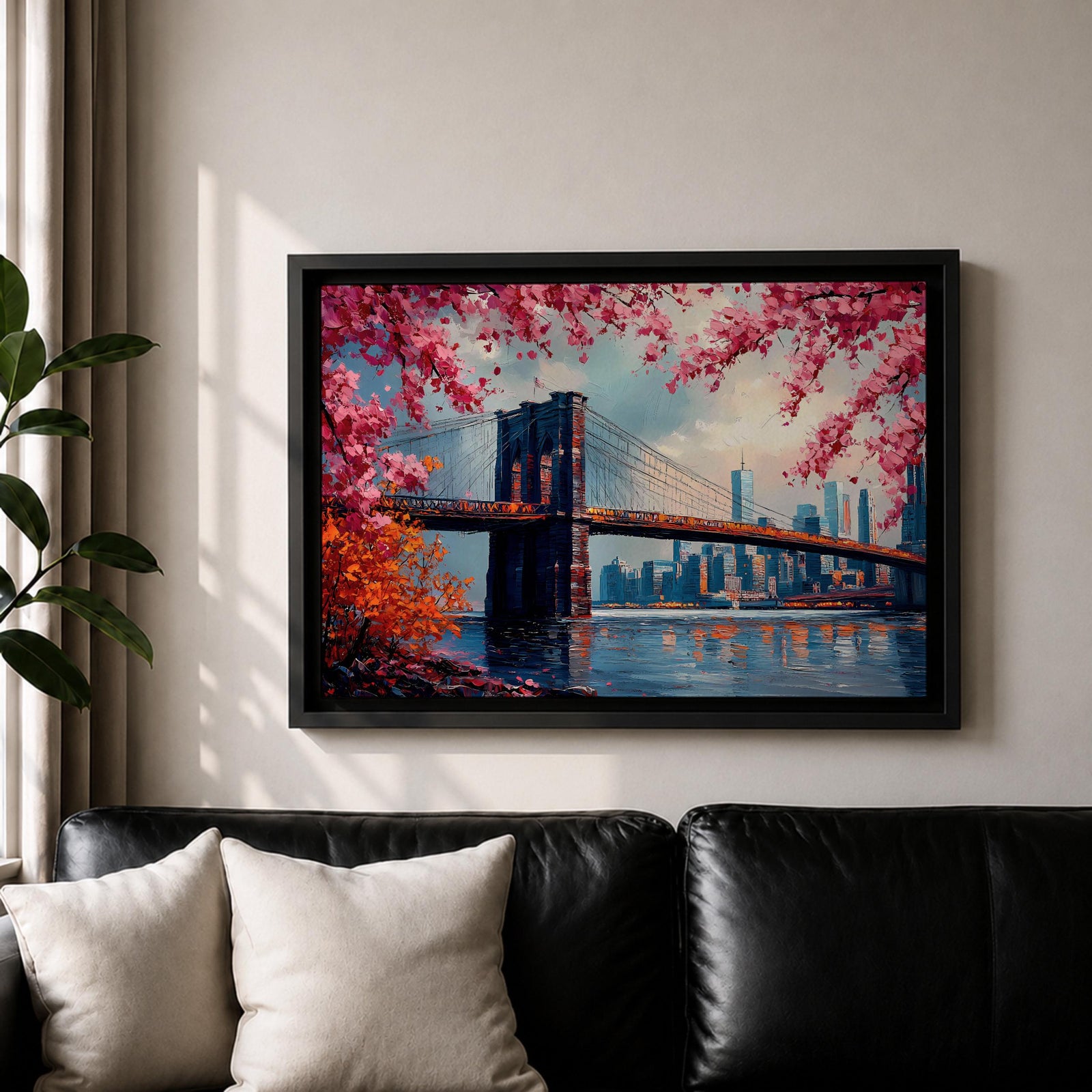 Brooklyn Bridge Wall Art New York Skyline Framed Canvas Impasto Cityscape Home Decor