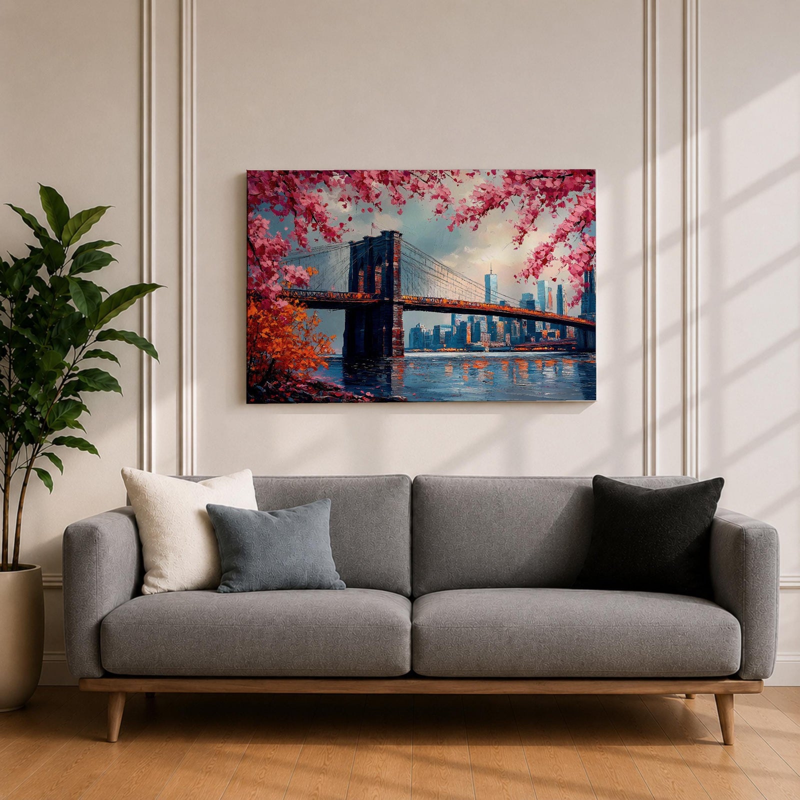 Brooklyn Bridge Wall Art New York Skyline Framed Canvas Impasto Cityscape Home Decor